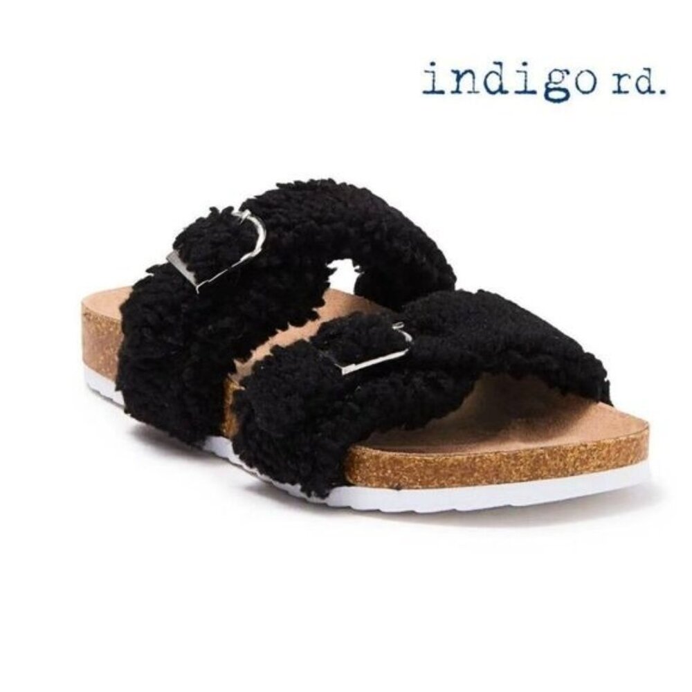 INDIGO RD‎ Womens Faux Fur Shearling Double Buckle Slip-on Sandals